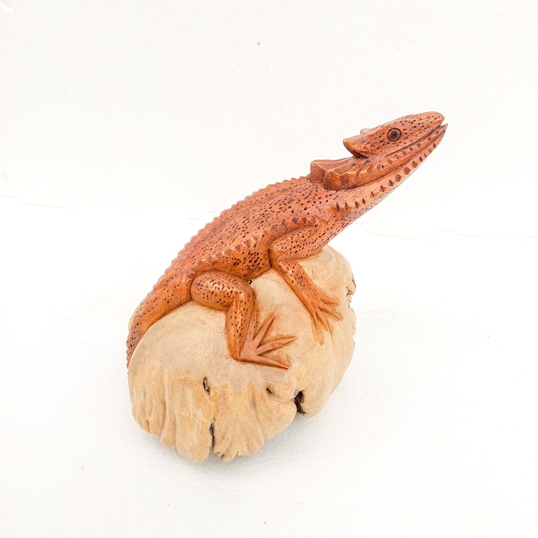 Unusual Hand Carved Frilled Lizard Wooden Lizard Carving on Parasite