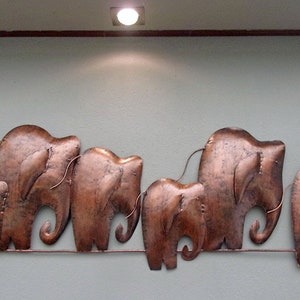 Unusual 3D Abstract Copper Colour Elephant Wall Art Hand Made Metal Elephant Herd 1 Mtr