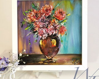 Peony Painting Canvas Original Art Floral Painting Pink Peonies Flower Art in Golden Vase 8" × 8" WildflowersPainting