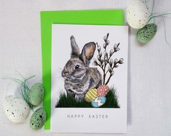 Bunny Traditional Easter Card, Little Rabbit with Pysanky Eggs, Spring Greeting Cards Set, Unique Gift for Farmland Animal Lover