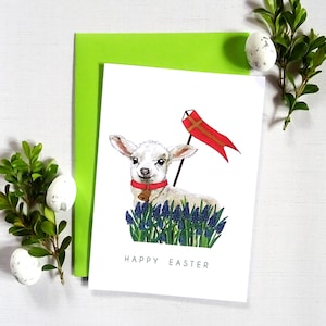 Paaskaart Lam Gods, illustratie paasschaap, lentebloemaccent, decor opstanding zondag, perfect cadeau voor katholieken