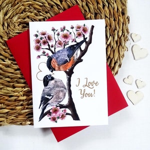 Goudvink vogel paar kaart, kersenbloesem sfeer, aanpasbare liefdesaandenken, boho natuurlijke bruiloft met hartornament, romantisch cadeau voor haar