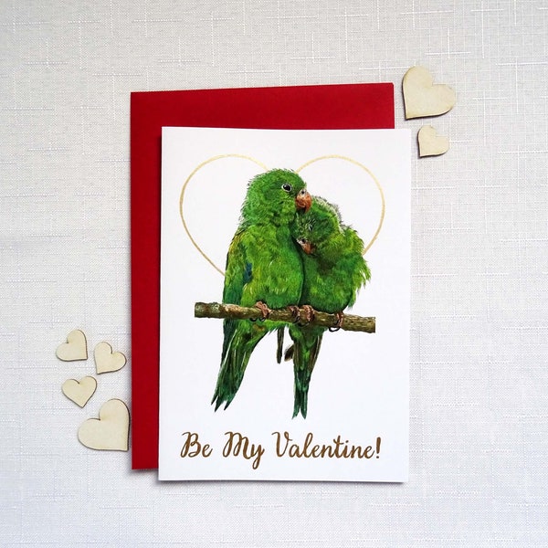 Personalized Card with Green Parrotlets Pair, Parrot Valentine's Card, Lovebirds Couple in Love, Unique Anniversary Gift for Wife