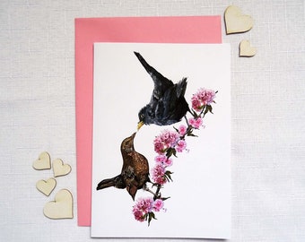 Blackbirds - Male and Female Greeting Card, Fallen in Love Pair, Bird Card with Envelope for Wedding/Anniversary, Hand-printed