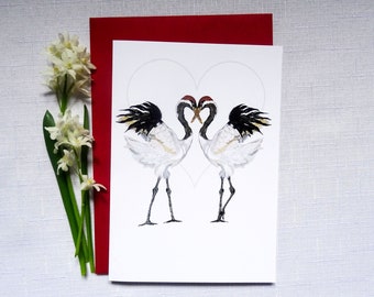 Japanese Crane Couple with Big Heart Greeting Card, Bird Pair Notecard for Wedding or Anniversary, Lovebirds Fallen in Love, Unique Gift