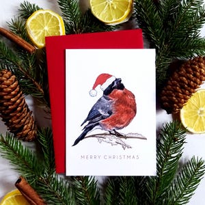 Carte de Noël bouvreuil en bonnet de Noel, carte pour notes du solstice d'hiver avec oiseau chanteur, voeux de luxe pour les fêtes, meilleur cadeau de Noël pour amateur d'oiseaux