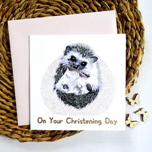 Biglietto di auguri personalizzato con riccio per battesimo, ricordo del giorno del battesimo, simpatico animaletto del bosco con testo personalizzato, regalo di lusso per bambina o bambino.