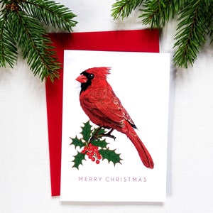 Rode kardinaal kerstkaart, vogel op hulsttak, luxe handgeschilderde kaart, Merry Xmas-wensen, elegant cadeau voor natuurliefhebber