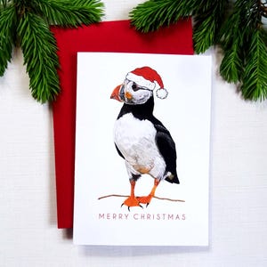 Cartão de Natal com papagaio-do-mar para amantes de aves marinhas, cartão de Feliz Natal com pássaros costeiros, presente de Natal para o feriado de inverno, presente festivo para melhor amigo