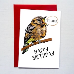 Uccello che canta "Tanti auguri a te", biglietto divertente con uccello canterino, auguri di compleanno, dettagli scintillanti, regalo allegro per gli amanti della natura