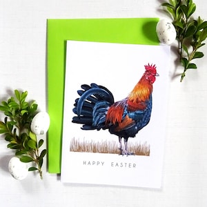 Biglietto di Pasqua con animali da fattoria, gallo illustrato a mano, saluti in stile country, felice festa di primavera, regalo personalizzato per la mamma gallina