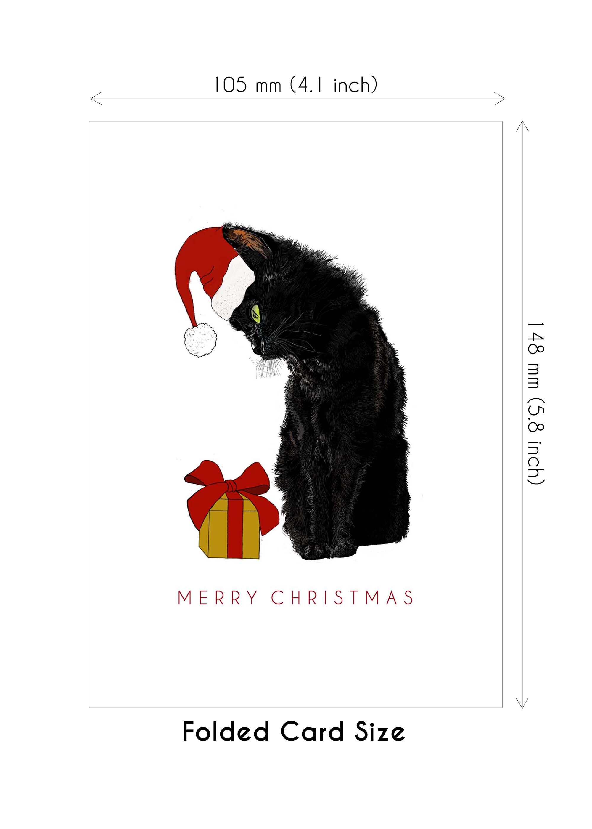 黒猫のクリスマスカード、サンタ帽をかぶったエレガントな動物、メリー