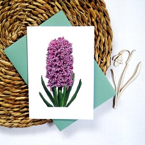 Eenvoudige kaart paarse hyacint, lentebloem notitiekaart, botanisch ontwerp voor elke gelegenheid, veelzijdig feest, beste cadeau voor tuinman