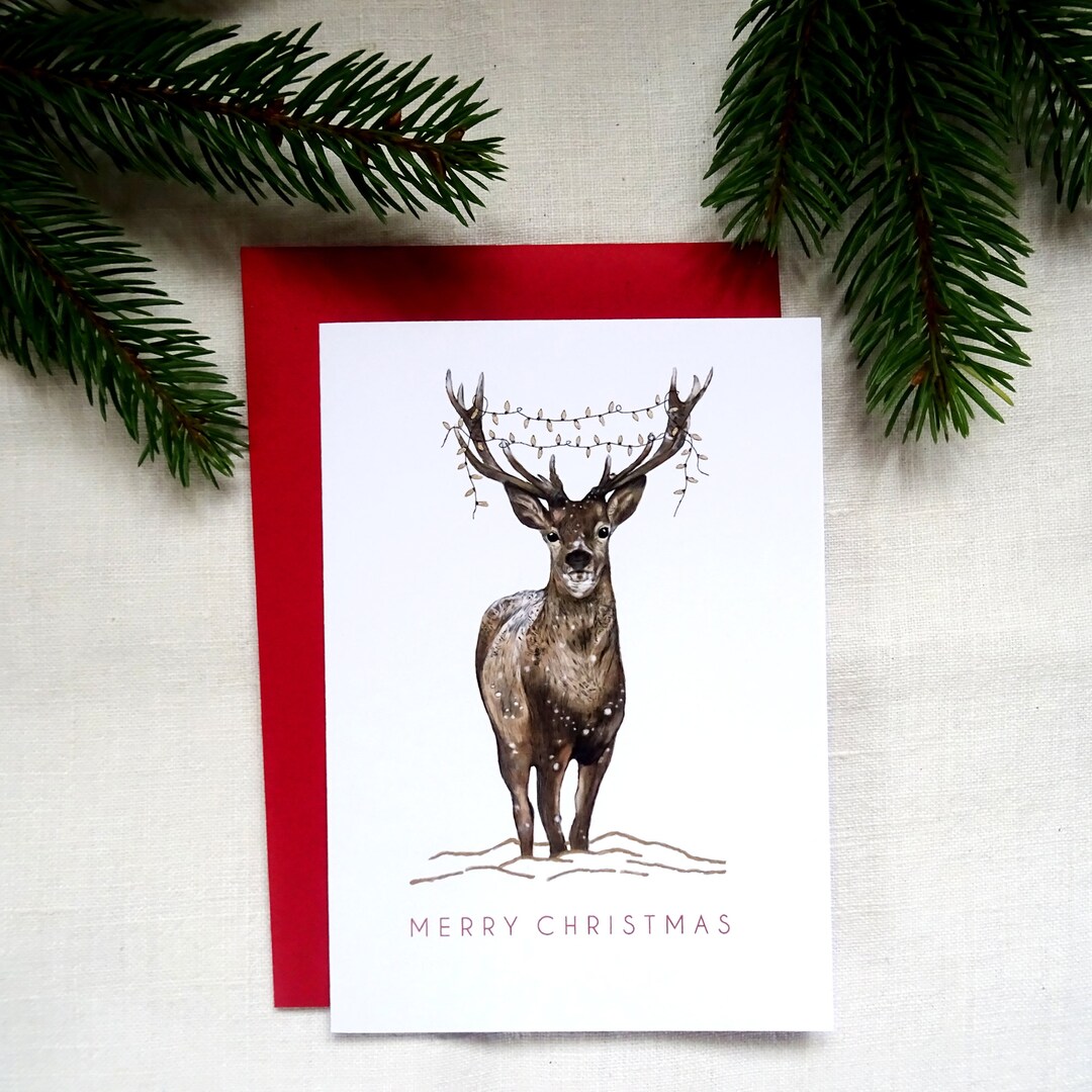 Reindeer Christmas Card With Golden Lights Merry Xmas Animal - Etsy