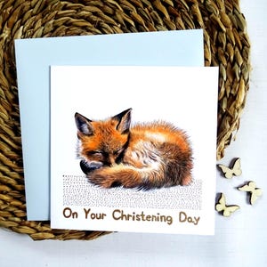 Carte de baptême renard endormi pour enfants, célébration du jour de baptême, animal confortable avec lettres personnalisées, cadeau unique de baby shower