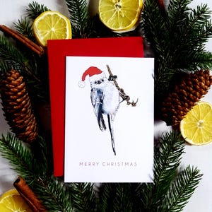 Carte de Noël mésange à longue queue, petit oiseau en bonnet de Noel, carte de voeux d'hiver pour les amoureux de la nature, ornements scintillants, joli cadeau de vacances pour elle