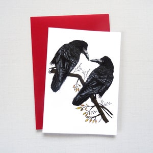 Tarjeta de pareja de dos grajos, córvidos enamorados, papelería de otoño oscuro, saludos de boda de otoño, regalo de aniversario único para hombres