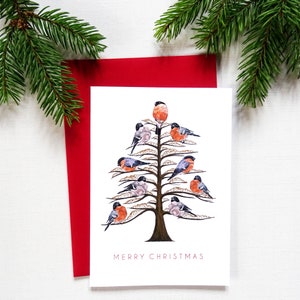 Árbol de Navidad con pinzones, tarjeta navideña artesanal, temática de pájaros de invierno, decoración navideña caprichosa, perfecta para enviar cálidos deseos