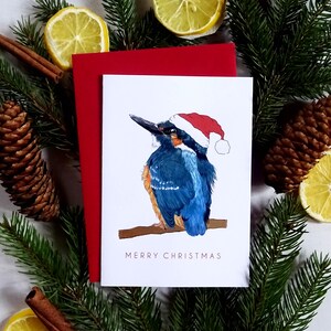 Eisvogel in der Weihnachtsmütze Weihnachtskarte, Merry Xmas Angelvogel Notecard, Hand illustrierter Singvogel