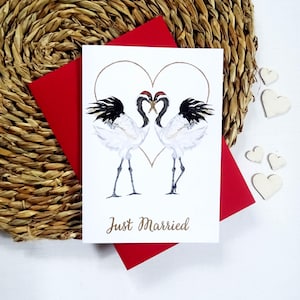 Carte de couple de grues japonaises, carte de voeux de félicitations de mariage, oiseaux amoureux avec lettrage personnalisé, cadeau personnalisé pour les jeunes mariés