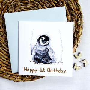 Aangepaste kaart pinguïn voor kinderen, gelukkige 1e verjaardag met schattige vogel, pooldierenfeest, uniek kraamcadeau voor peuter