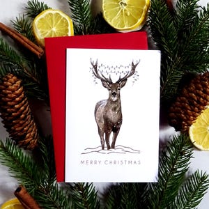 Reindeer Merry Christmas Card, Forest Animal Themed Xmas Card, Twinkle Lights Ornament, Winter Solstice Gift for Family