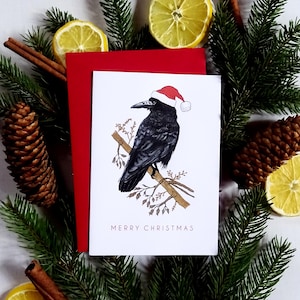 The Rook Weihnachtskarte mit Weihnachtsmütze, Merry Xmas Geschenk für Corvid Lover, innen leer, Umschlag inklusive