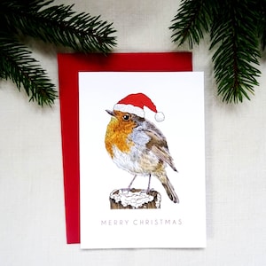 Carte de Noël Robin Bird avec bonnet de Noel, cadeau joyeux Noël pour amoureux des animaux, intérieur vierge, enveloppe incluse