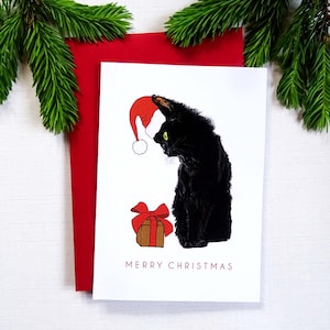 Black Cat-kerstkaart, elegant dier met kerstmuts, Merry Xmas Meowy-kaart, Catty Lover-briefpapier, vakantiecadeau voor huisdiereigenaar