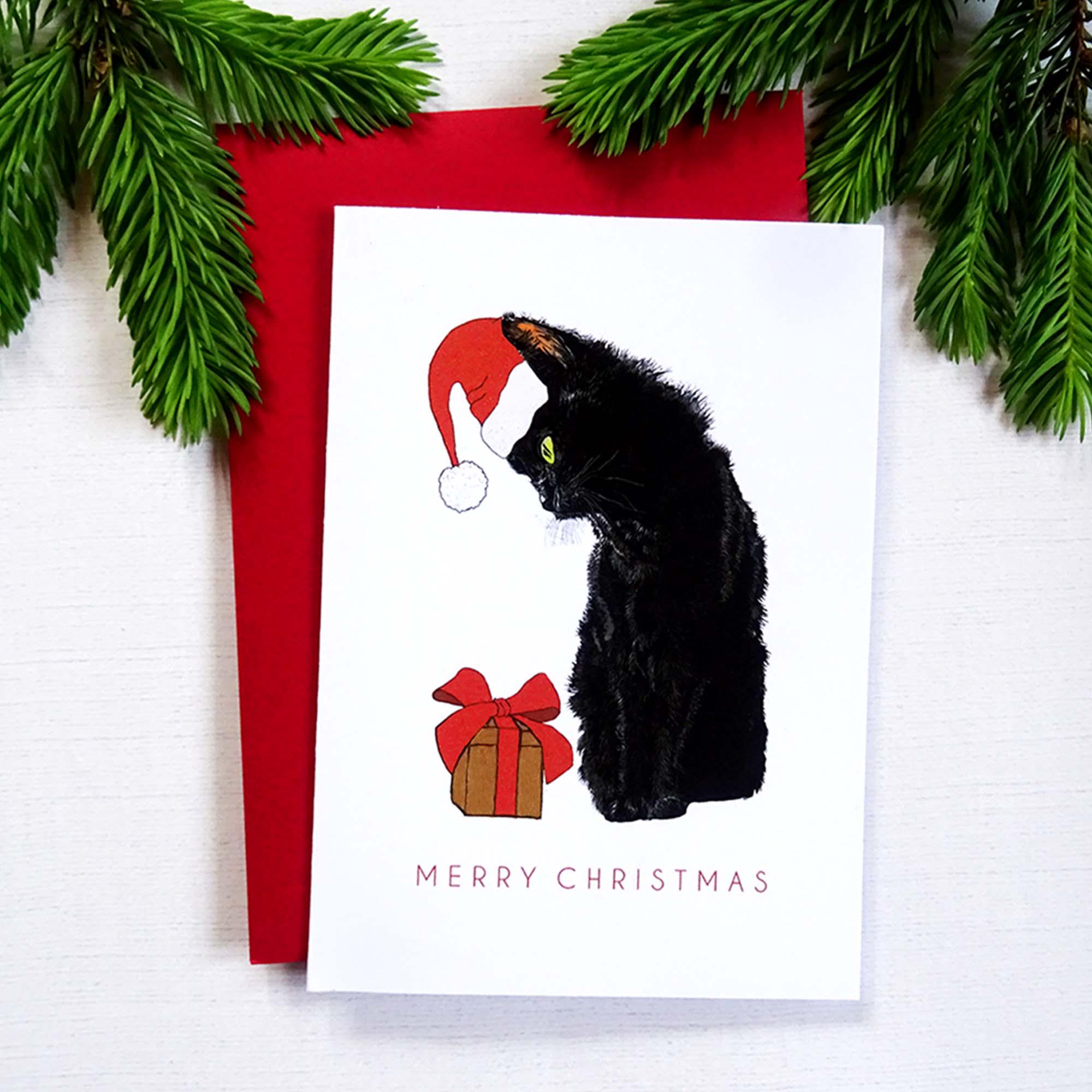 クリスマス☆黒猫ちゃん 黒猫のクリスマスカード、サンタ帽をかぶったエレガントな動物、メリー