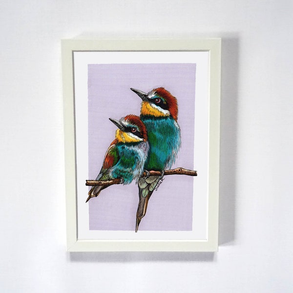 Two European Bee Eaters Original Painting, Birds Couple Mixed Media Art, Lilac Room Decor, Pastel Artwork, Unique Gift for Mom