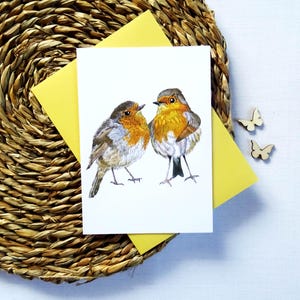 Karta ślubna dla pary Robin, urocze pomarańczowe ptaki zakochane, ptaszki nierozłączki z życzeniami w środku, romantyczny prezent dla żony lub męża
