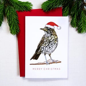 Tarjeta navideña de Zorzal común, tarjeta de pájaro invernal para amantes de la naturaleza, pájaro de nieve con gorro rojo de Papá Noel, deseos de Feliz Navidad, regalo navideño para músicos.
