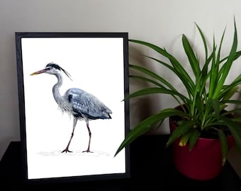 Grey Heron Print, Water Bird Wall Decor to Frame, Nature Illustration Hand-Printed, European Wildlife, Ornithology Poster, Gift for Her/Him