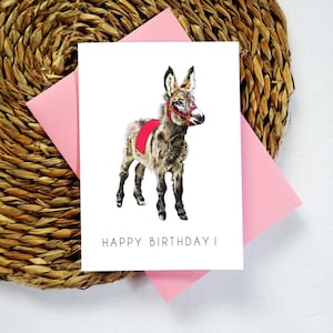 Tarjeta de cumpleaños de burro bebé, fiesta de animales de granja, linda ilustración de burro con deseos de feliz cumpleaños, tarjeta de felicitación de corral, el mejor regalo para niños