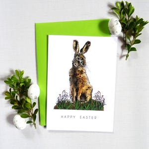 Vrolijke paaskaart met haas, aangepast bericht op voorkant, decor bos briefpapier, bosthema ontwerp, beste cadeau voor dierenliefhebber