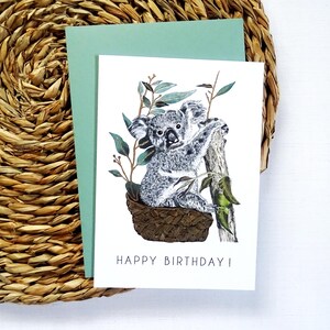 Karta urodzinowa z misiem koala, przytulny projekt zwierzęcia z zoo, impreza w przedszkolu w dżungli, słodkie szczęśliwe świętowanie urodzin, idealny prezent dla chłopca