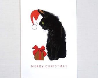 黒猫のクリスマスカード、サンタ帽をかぶったエレガントな動物、メリー
