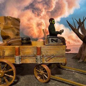1:12 scale functional wester style horse drawn wood grained wagon.  Wild west themed farm horse wagon