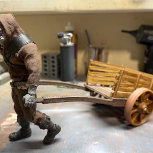 1:12 scale hand drawn wooden pull cart medieval themed wooden panel wagon
