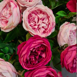 Sumptuous real touch faux roses in soft pink & deep cerise. Luxurious artificial silk flowers for home arrangements, crafts and gifts