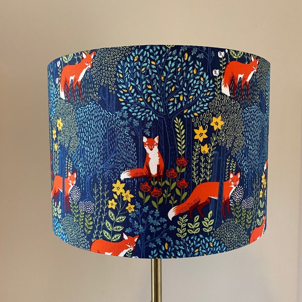 Fox in the Woods Vibrant Red foxes drum lamp shade. 30cm or 20cm diameter x 21cm or 18cm height with white lining.