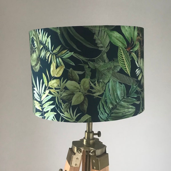 Jungle Leaf Green Drum Lampshade. 30cm or 20cm diameter x 21cm or 18cm height with white lining.