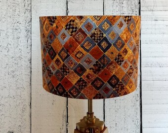 Klimt Diamonds drum lamp shade with  metallic gold, grey and bronze. 30cm or 20cm diameter x 21cm or 18cm height with white lining.