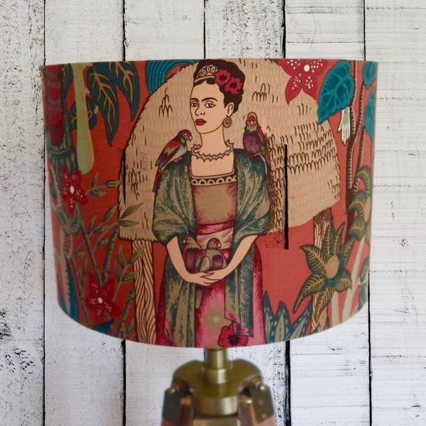 Frida Kahlo (Terracotta) Drum Shade. Alexander Henry Frida's Garden fabric. 30cm or 20cm diameter x 21cm or 18cm height with white lining.
