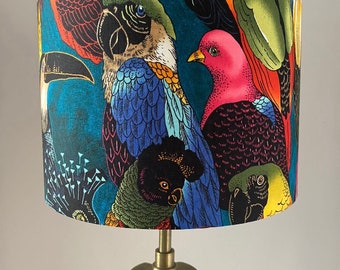 Tropical Birds Lamp Shade. Alexander Henry cotton fabric. 30cm or 20cm  diameter by 21cm or 18cm height. White lining.