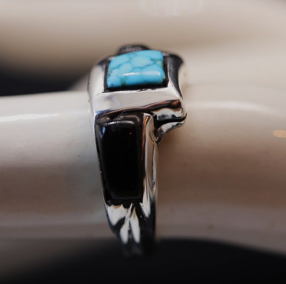 Dramatic inlaid turquoise and black coral sterlin… - image 7