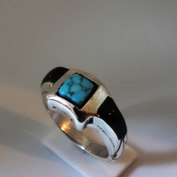 Dramatic inlaid turquoise and black coral sterlin… - image 1
