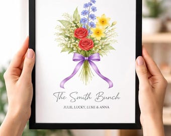 Personalised Birth Month Flower Print, Custom Family Bouquet Wall Art Birthday Gift for Mum Grandma Nan, Framed A4 A3