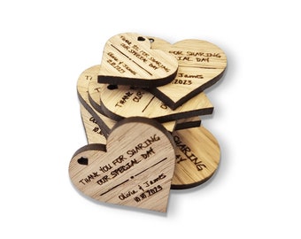 Personalised Wooden Wedding Favour Hearts Tags, Bridal Engraved Personalised Thank You Favour Heart Tags